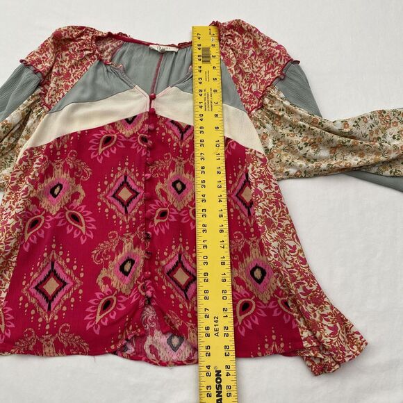 Oli & Hali Boho Patchwork Floral Blouse Button Front Top Womens Small - Picture 12 of 13